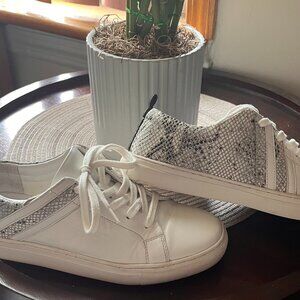 Size 7.5, White & Snakeskin print Seychelle leather sneakers